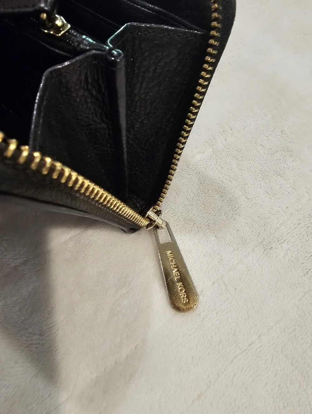 Michael Kors Black MK Logo Zip Wallet with Gold Plaque EUC